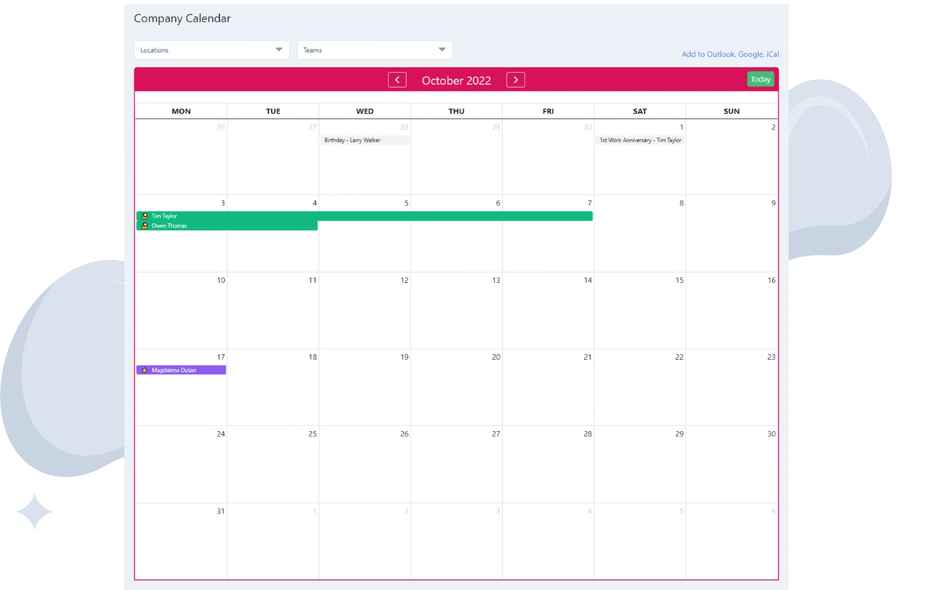 PolarHR absences. Company calendar.