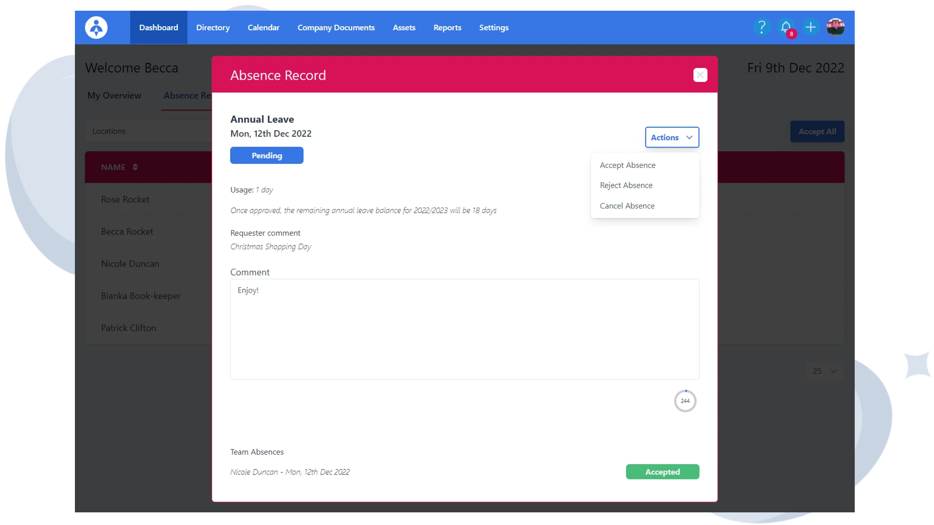 PolarHR dashboard. Managing absences.