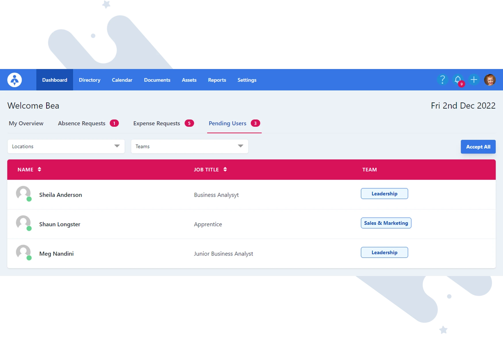 PolarHR dashboard. Managing expenses.